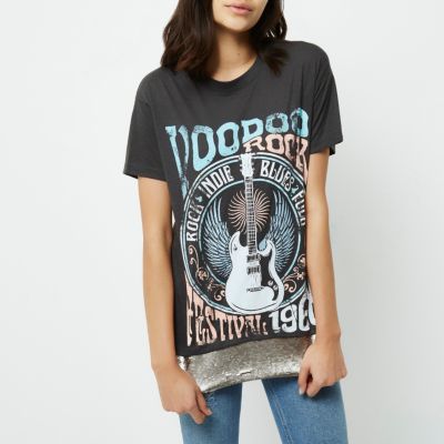 Dark grey voodoo print sequin T-Shirt